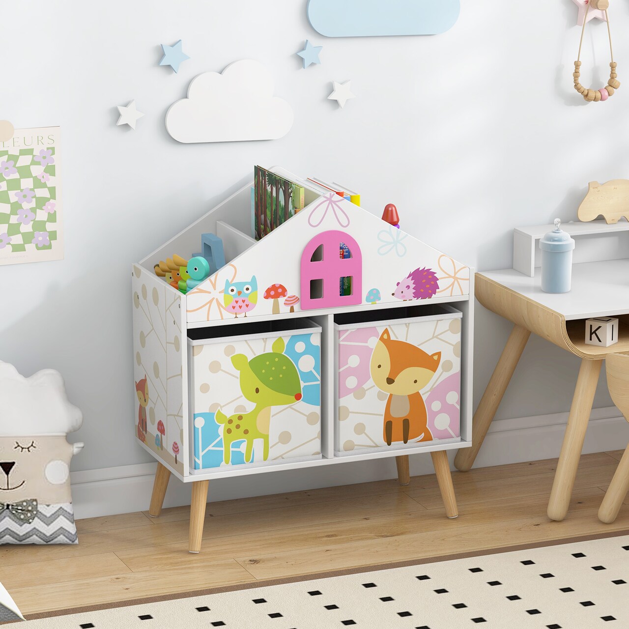 Kids House-shaped Bookshelf with 2 Storage Bins for Kids Room Playroom-White - 24.5" x 12" x 28"